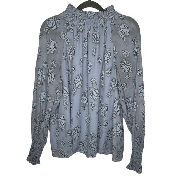 Rebecca Taylor Smocked Neck Silk Blend Rose Print Blouse‎ Light Blue Metallic 10 - Picture 2 of 11